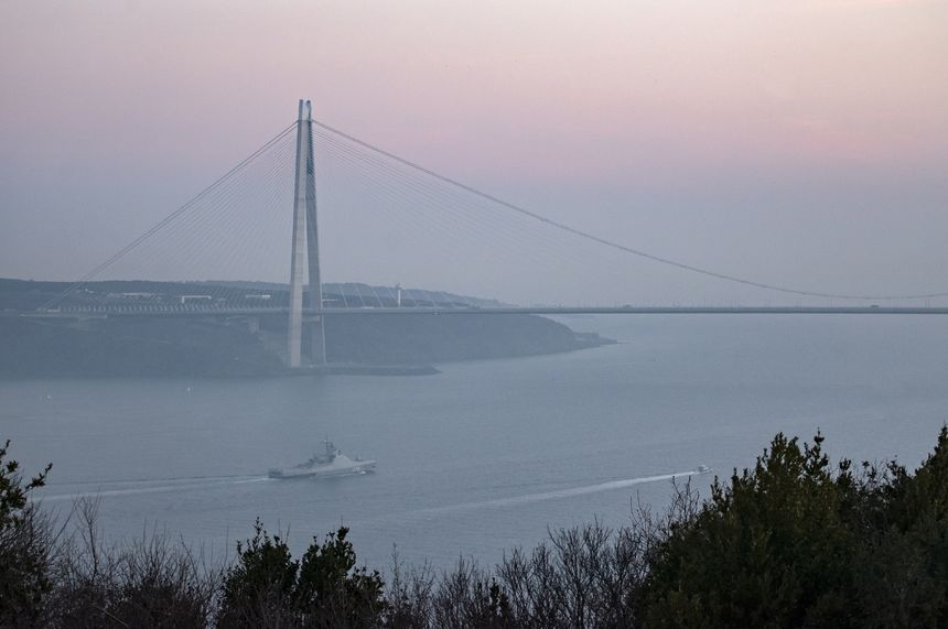 Russian Navy ships Dmitry Rogachev 375 sails near the Yavuz Sultan Selim Bridge direction at the Black Sea on February 16, 2022. 