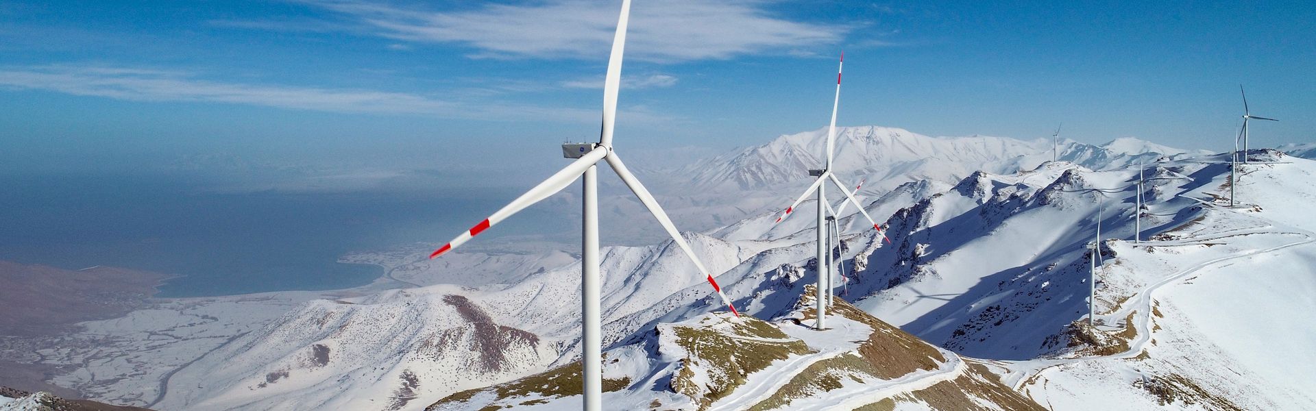 An aerial view of a wind power plant in Van, Turkiye on February 24, 2022.