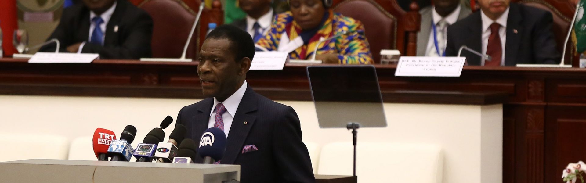 President of Equatorial Guinea Teodoro Obiang Nguema Mbasogo speaks during the Second Turkey- Africa Partnership Summit at Sipopo Congress Center in Malabo, Equatorial Guinea