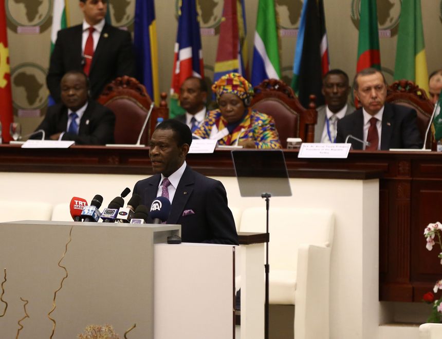 President of Equatorial Guinea Teodoro Obiang Nguema Mbasogo speaks during the Second Turkey- Africa Partnership Summit at Sipopo Congress Center in Malabo, Equatorial Guinea