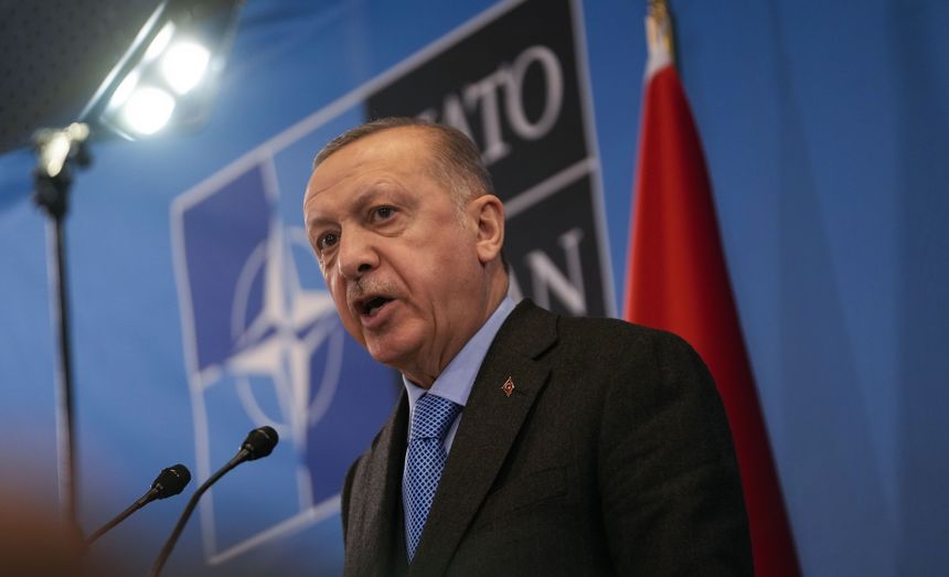 Turkish President Recep Tayyip Erdoğan during a media conference after an extraordinary NATO summit at NATO headquarters in Brussels on March 24, 2022.