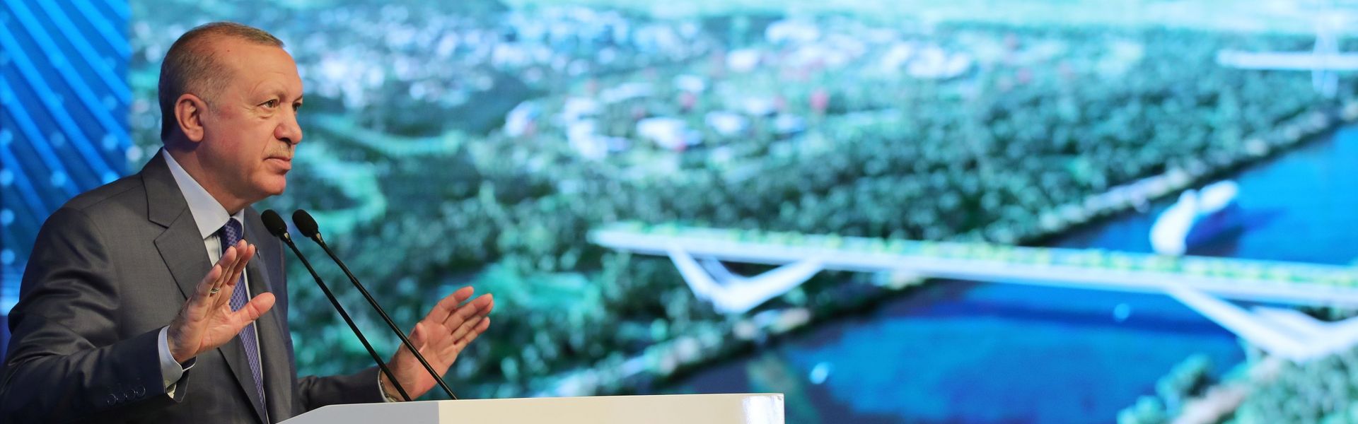 Turkish President Recep Tayyip Erdogan makes a speech during groundbreaking ceremony for Sazlidere Bridge, part of Canal Istanbul mega-project.