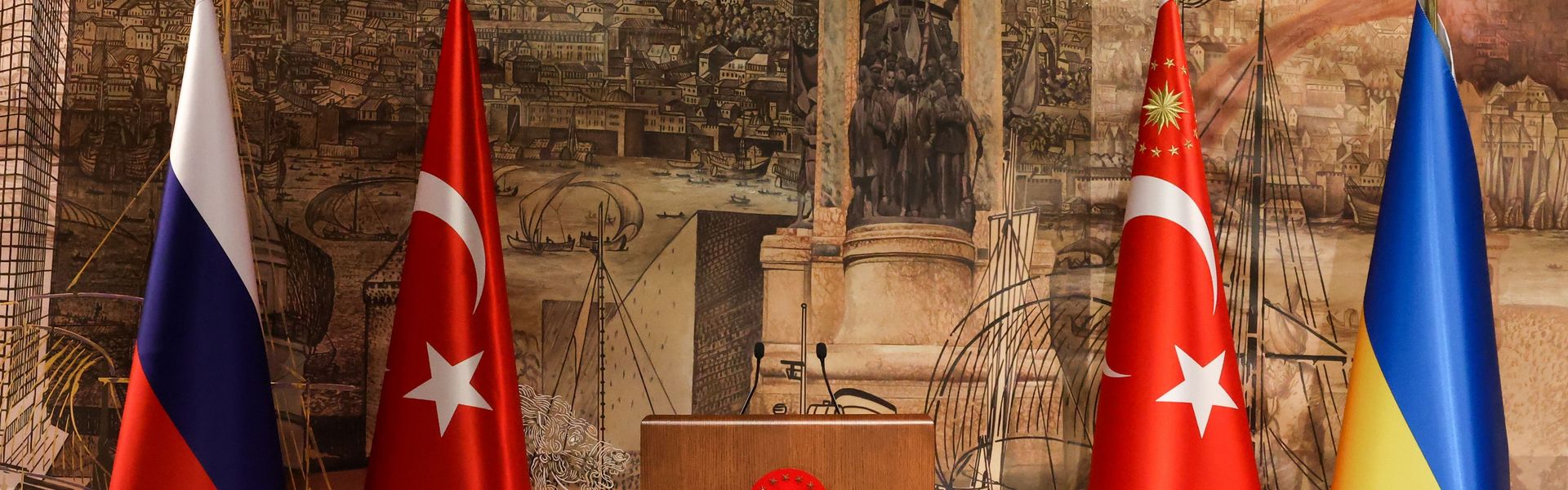 The flags of Russia, Turkey and Ukraine at Dolmabahce Palace ahead of another round of Russian-Ukrainian talks in Istanbul. The flags of Russia, Turkey and Ukraine at Dolmabahce Palace ahead of another round of Russian-Ukrainian talks in Istanbul.