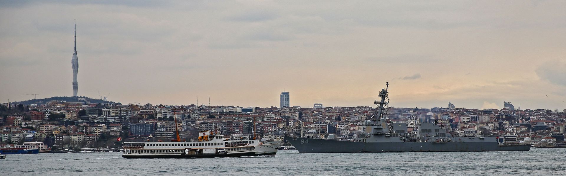 The US Navy warship USS Nitze at the edge of the Bosphorus Strait on its way to a port call in Turkey in February 2023.