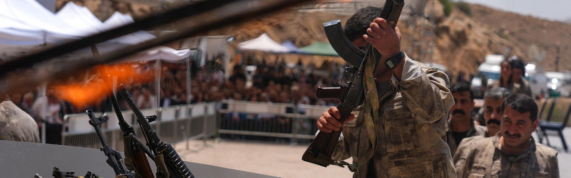 Sulaymaniyah, northern Iraq: The first group of PKK terrorists lays down and destroys their weapons on July 11, 2025. PKK terrorists destroy their weapons.