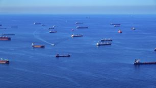 Ships waiting their turn to enter the Bosphorus at the Black Sea coast of Istanbul, Turkey.