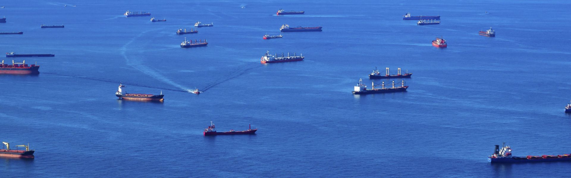 Ships waiting their turn to enter the Bosphorus at the Black Sea coast of Istanbul, Turkey.