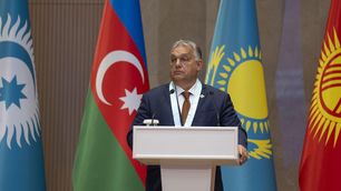 Hungarian Prime Minister Viktor Orban gives a speech after receiving the Supreme Order of Turkic World during the 11th Summit of the Heads of State of the Organization of Turkic States (OTS) in Bishkek, Kyrgyzstan on November 6, 2024.