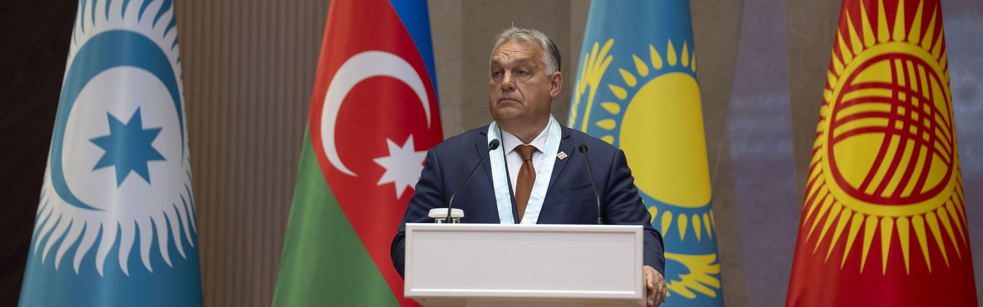 Hungarian Prime Minister Viktor Orban gives a speech after receiving the Supreme Order of Turkic World during the 11th Summit of the Heads of State of the Organization of Turkic States (OTS) in Bishkek, Kyrgyzstan on November 6, 2024.