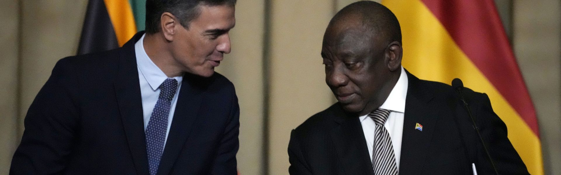 Spain's Prime Minister Pedro Sanchez with South Africa President Cyril Ramaphosa during a joint media briefing at the Union Building in Pretoria, South Africa.