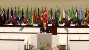 Turkish President Recep Tayyip Erdogan speaks during the Second Turkey-Africa Partnership Summit at Sipopo Congress Center in Malabo, Equatorial Guinea