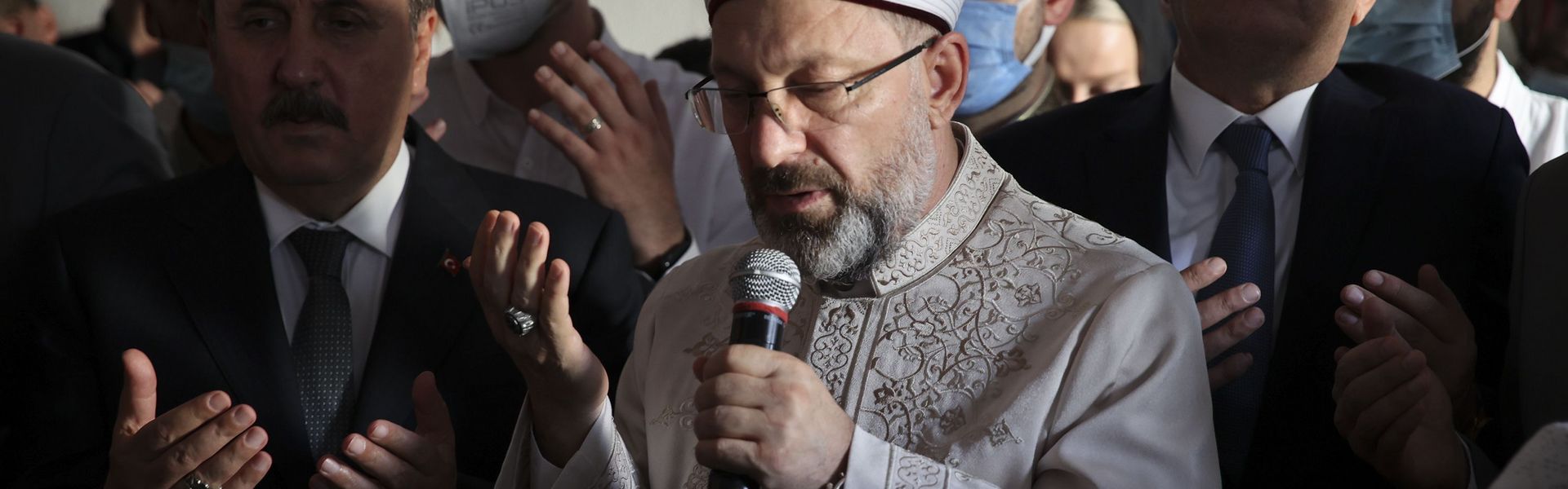 Head of Turkeys Religious Affairs Directorate, Ali Erbas attends the funeral of Ahmet Mete, the elected mufti (Muslim official) of Xanthi 