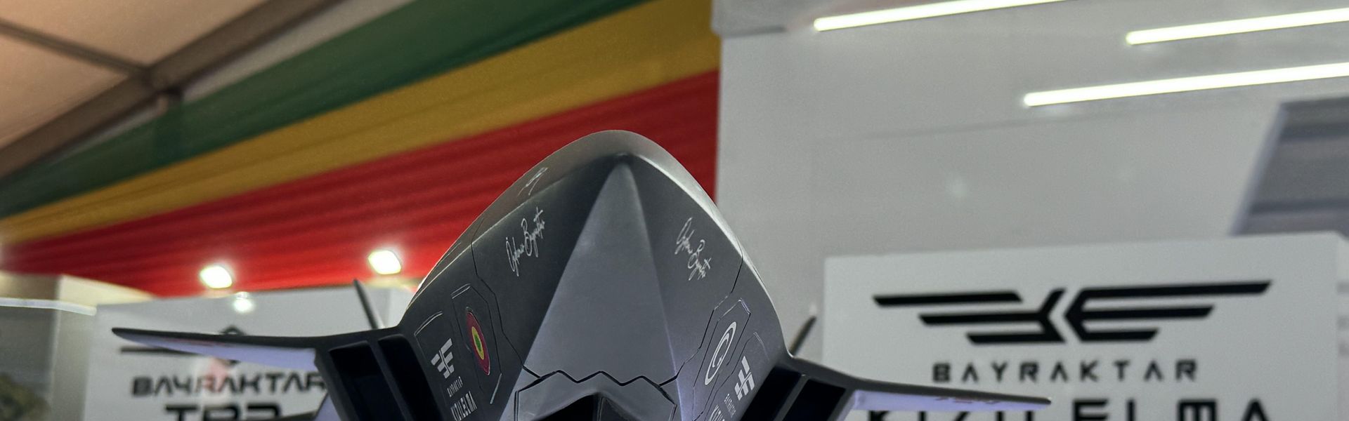 Weapons and defense-industry products displayed by Turkish companies at the Bamako Expo Fair (BAMEX’25) in Bamako, Mali, on November 11, 2025. Frontal view of a Turkish-made drone.