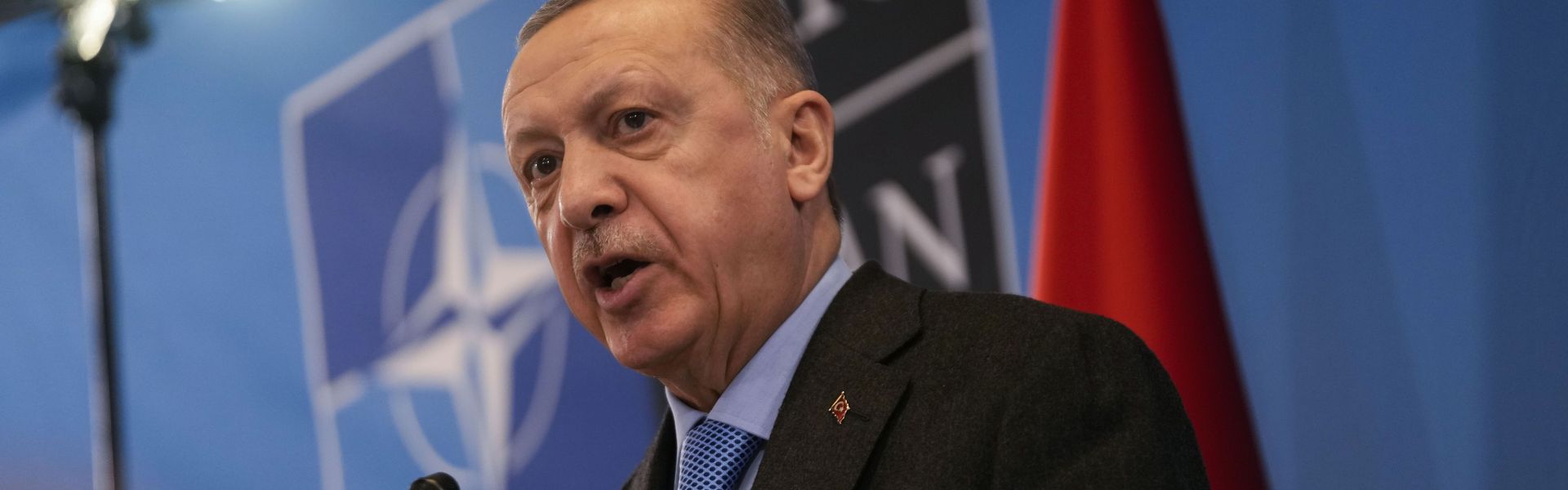 Turkish President Recep Tayyip Erdoğan speaks during a media conference at NATO headquarters in Brussels on March 24.