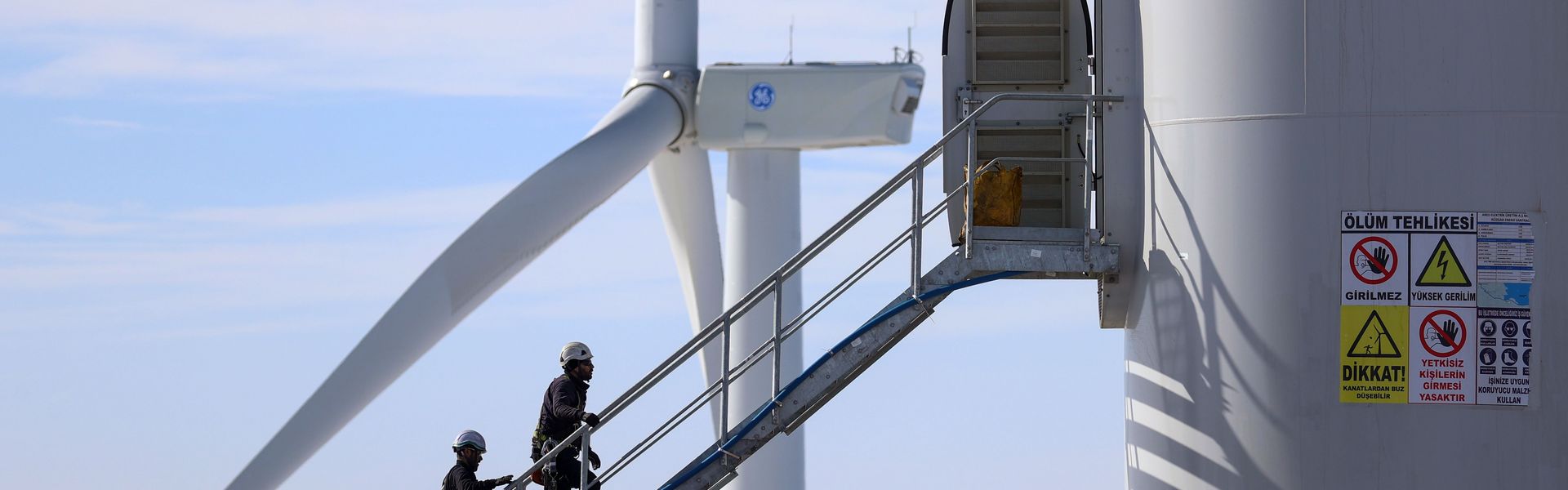 Workers climb the stairs to a wind turbine in Turkey’s eastern province of Van. 