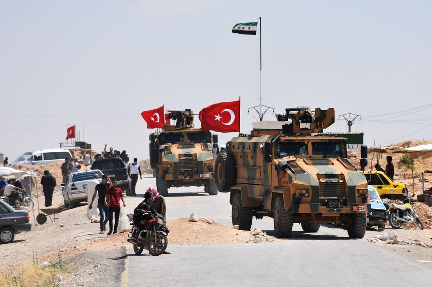 Armoured vehicles of Turkish Armed Forces patrolling in the northern Syrian city of Manbij.