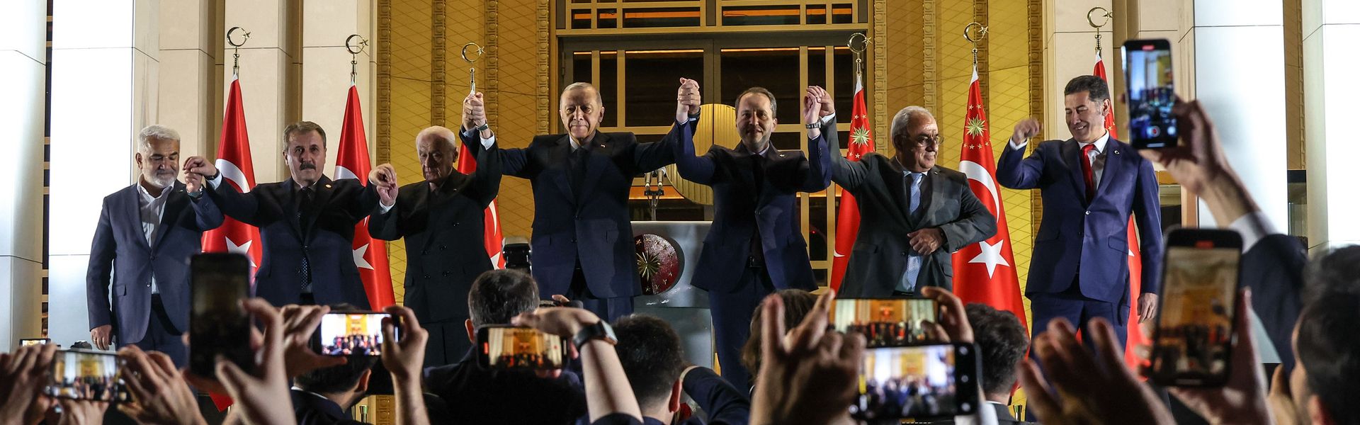 President Recep Tayyip Erdoğan addresses his supporters in front of the Presidential Palace as preliminary poll figures place him with more than 52 per cent ahead of his rival Kemal Kılıçdaroğlu during the 2023 Turkish presidential election.