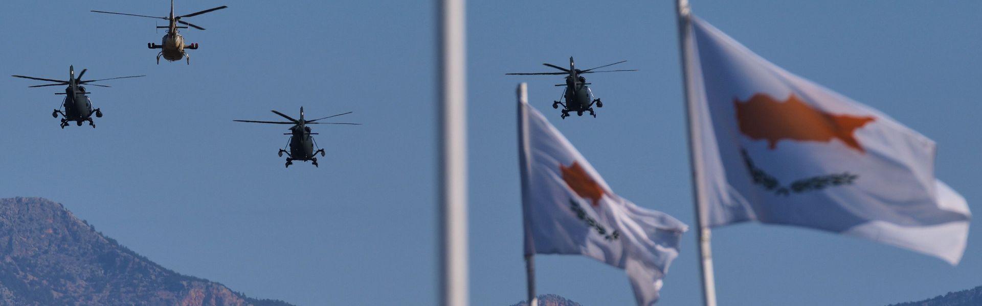 Military helicopters at a parade marking Cyprus’s 65th Independence Day in Nicosia, 1 October 2025.