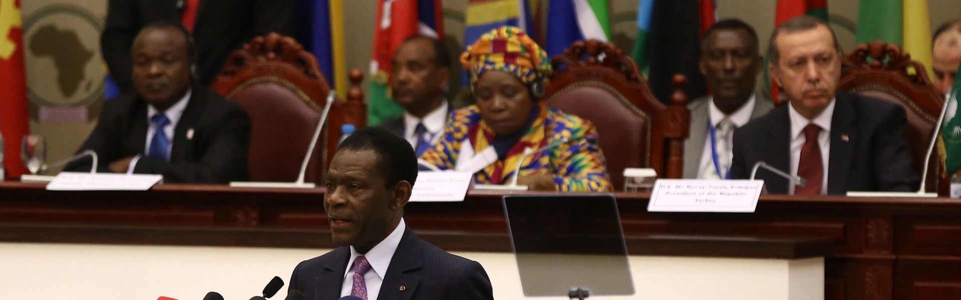 President of Equatorial Guinea Teodoro Obiang Nguema Mbasogo speaks during the Second Turkey- Africa Partnership Summit at Sipopo Congress Center in Malabo, Equatorial Guinea.