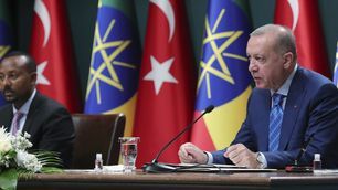 Turkish President Recep Tayyip Erdoğan and Ethiopian Prime Minister Abiy Ahmed speak at a joint press conference in Ankara on 18 August 2021, where Erdoğan called for a peaceful resolution of the Tigray conflict.