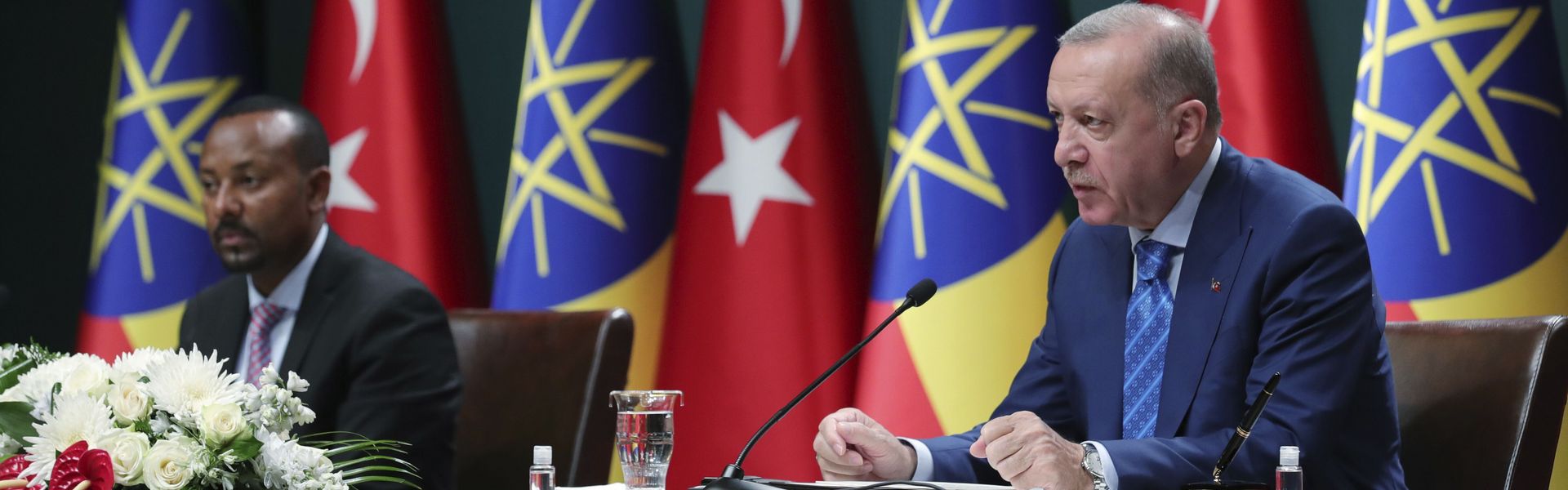 Turkish President Recep Tayyip Erdoğan and Ethiopian Prime Minister Abiy Ahmed speak at a joint press conference in Ankara on 18 August 2021, where Erdoğan called for a peaceful resolution of the Tigray conflict.