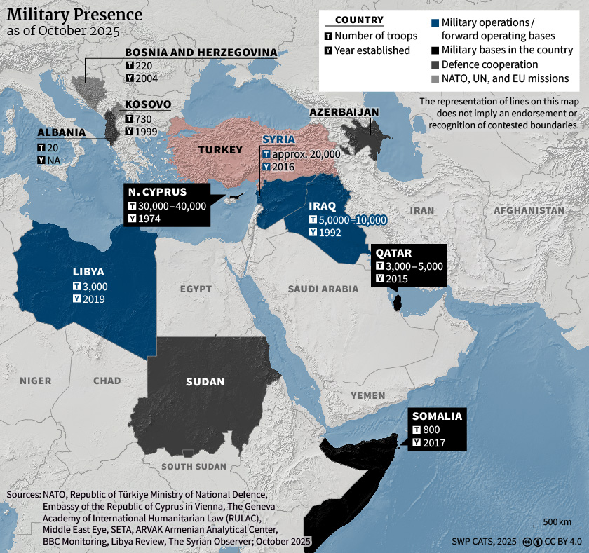 Map with data about Turkey's military presence in the middle east