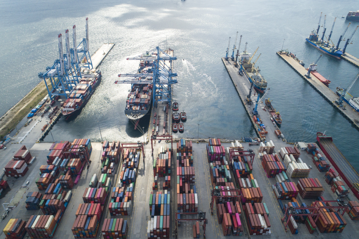 Containers and ships at Ambarlı Port, Turkey.